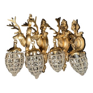 1970 French Louis XVI Gold Bronze Deer Wall Lamps Sconces - Set of 4 Pc For Sale
