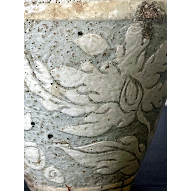 Stone Gray Antique Korean Buncheong Incised Design Ceramic Vase For Sale - Image 8 of 13