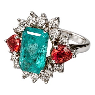 18K White Gold Emerald Tourmaline Diamond Designer Ring Estate For Sale