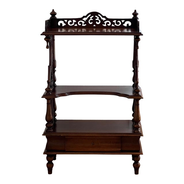Exquisite Antique Victorian Carved Walnut Étagère Display Stand With Ornate Gallery & Lower Drawer For Sale