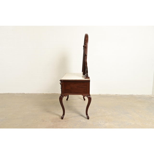 Alexander Roux Antique French Rococo Carved Mahogany and Marble Top Vanity Dressing Table With Mirror, Newly Refinished For Sale - Image 12 of 14