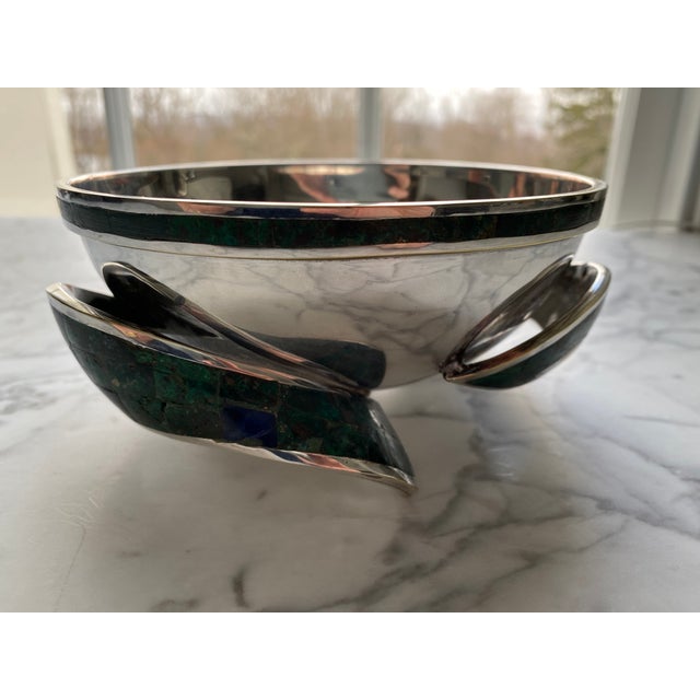 Metal 1970s Mid Century Modern Castillo Taxco Abstract Fish Footed Siver Plated Bowl With Malachite & Azurite Inlay For Sale - Image 7 of 14