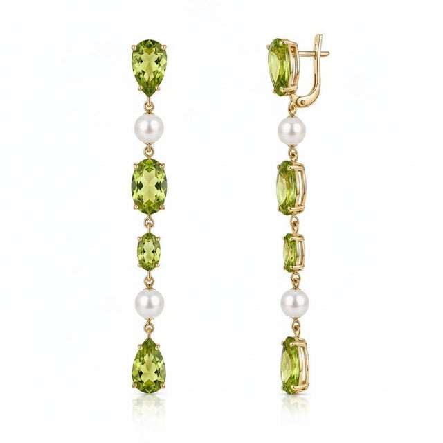 Modern Multi-Shape Peridot and pearl Earrings. Contemporary Pearl & Peridot Drop Earrings. Geometric Peridot and Pearl...