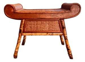 Vintage Coastal Egyptian Revival Rattan and Burned Bamboo Stool or Bench