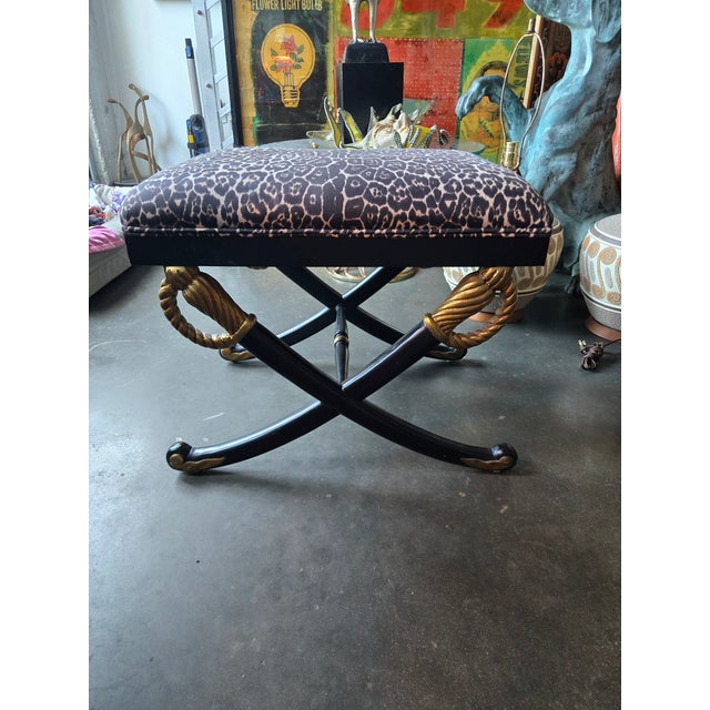 Hollywood Regency Cross Sword Bench W Leopard Fabric sold as found showing some wear to black paint but in very good...