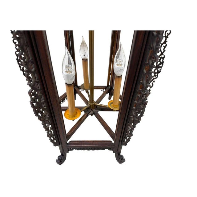 Chinese Chinese Carved Hardwood Three Light Lantern With Dragon Detail For Sale - Image 3 of 4