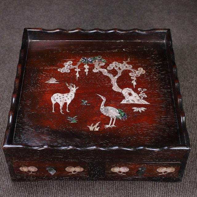 This is a highly functional and beautifully decorated vintage wooden tray, crafted from rosewood (huali wood) with a rich,...