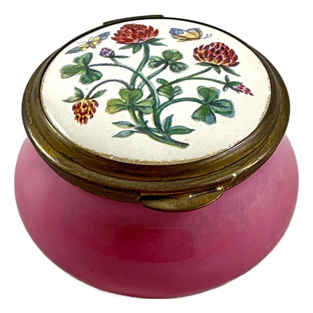 Staffordshire Enamel Old Hall Pink Clover Trinket Box For Sale