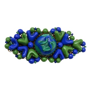 Vintage MIriam Haskell Abstract Resin Royal Blue and Green Bead Brooch, 1950's For Sale