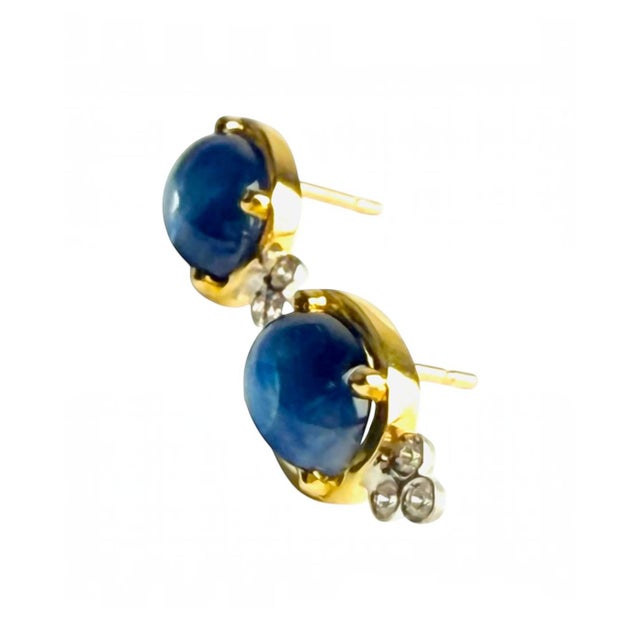 Modern 14k Yellow Gold Ceylon Cabochon Sapphire and Diamond Bezel-Set Stud Earrings, Pair For Sale - Image 3 of 5