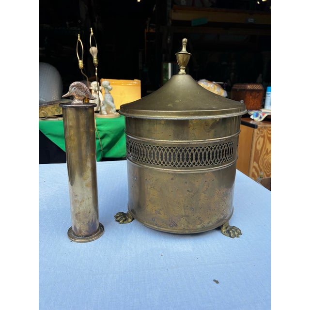 Vintage Footed Pierced Brass Coal Scuttle Bucket and Tall Duck Matchstick Holder For Sale - Image 9 of 12