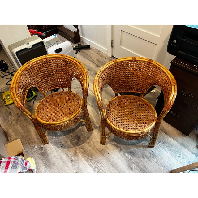 Wood Mid-Century Bohemian Rattan & Wicker Barrel Chairs - A Pair For Sale - Image 7 of 7