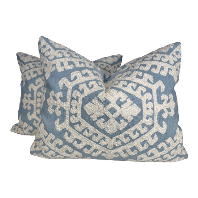 Schumacher "Omar Embroidery" in Sky 16"x20" Pillows-a Pair For Sale