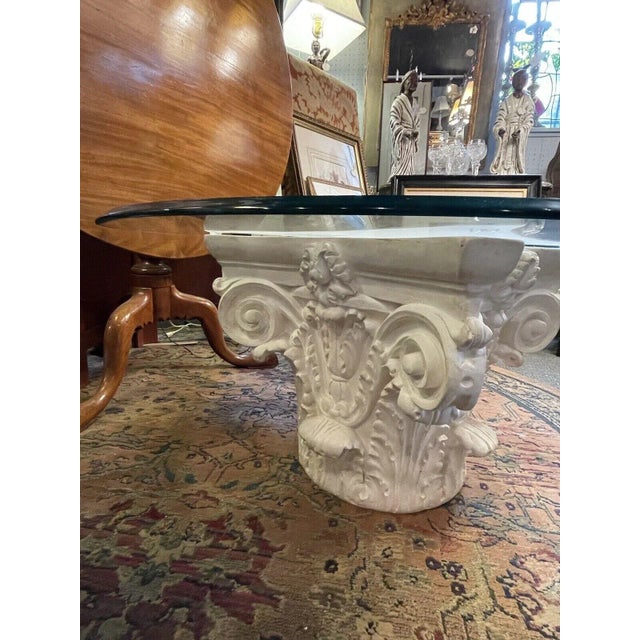White 1990s Clear Coated White Plaster Corinthian Column Bevelled Glass Top Coffee Table For Sale - Image 8 of 13