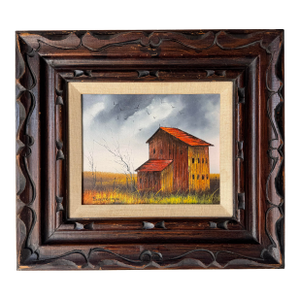 1980's Vintage Rustic Barn Under Stormy Skies Landscape Oil Painting by Everett Woodson