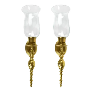 Mid 20th Century Solid Gold Brass Wall Sconces Candle Holders With Glass Hurricane Shade - a Pair