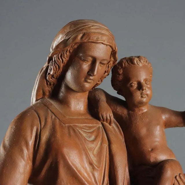 Modern Sculpture of Virgin Mary with Child in Terracotta For Sale - Image 3 of 12