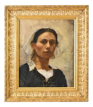 Portrait of Young Breton Girl, Oil Painting on Canvas, 19th Century, Framed