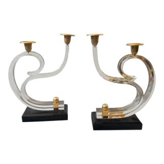 Two 1970 Mid-Century Modern Black and Clear Lucite and Brass French Candlesticks For Sale