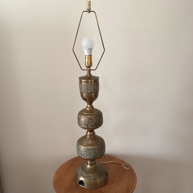 Vintage Asian Inspired La James Mont Style Intricately Carved Heavy Brass Lamp Circa 1940 For Sale - Image 11 of 12