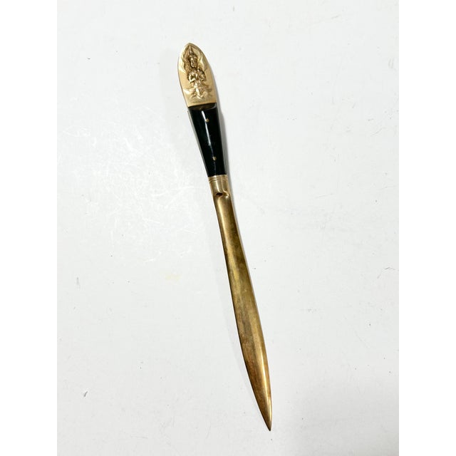 Hollywood Regency Vintage Thai Brass Letter Opener – Figural Deity Handle With Black Enamel, Mid-Century Desk Accessory For Sale - Image 3 of 6