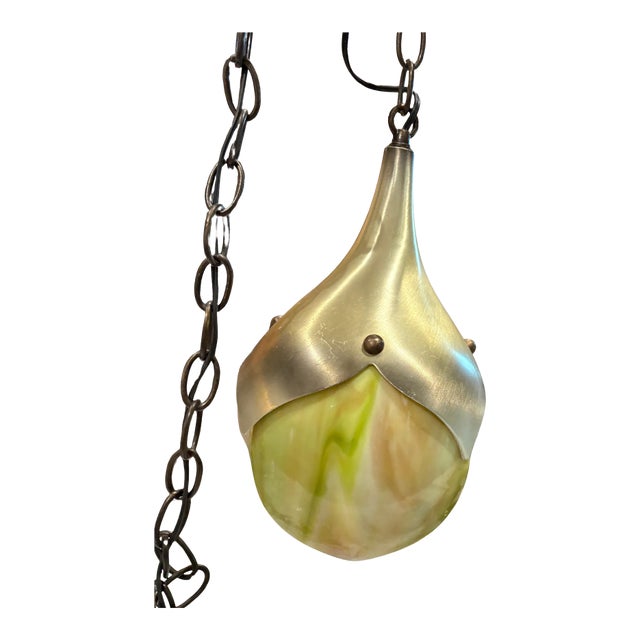 Mid Century Modern Slag Glass & Aluminum 1-Light Pendant, Ca. 1940 Swag Lotus Tulip Pendant Light Fixture For Sale