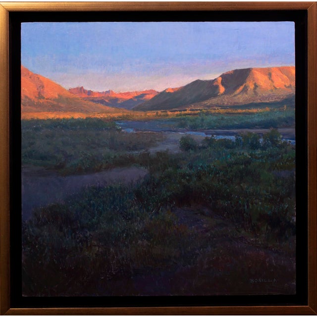 This oil on panel artwork captures the serene landscape of Denali, showcasing rolling hills bathed in warm light as the...