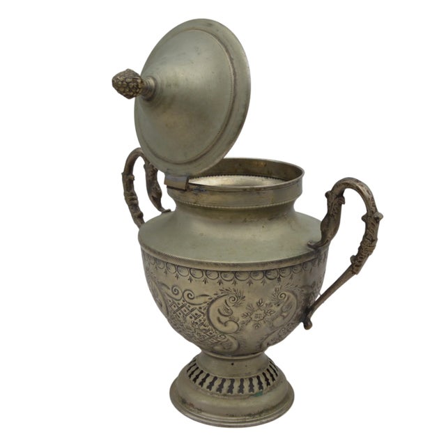 Early 20th Century Antique Engraved Moroccan Rustic Silver Urn with Handles For Sale - Image 5 of 8