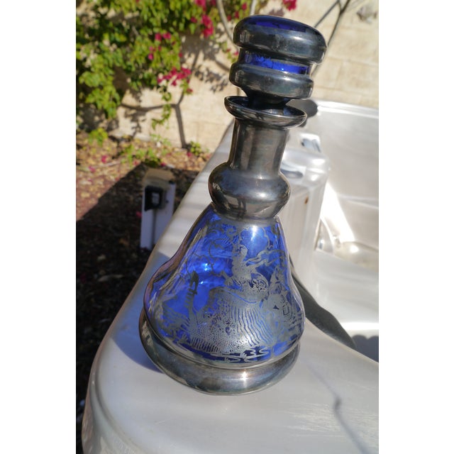 Vintage Mid Century Cobalt Blue Silver Overlay Painted Decanter Set- 4 Pieces For Sale - Image 12 of 13