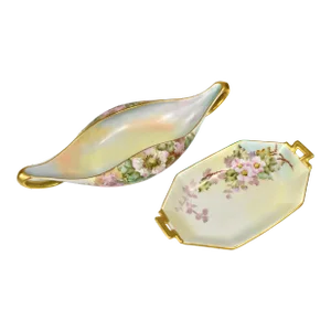 Early 20th Century Hand Painted Pink Roses and Blossom Limoges Candy Dish France - 2 Pieces