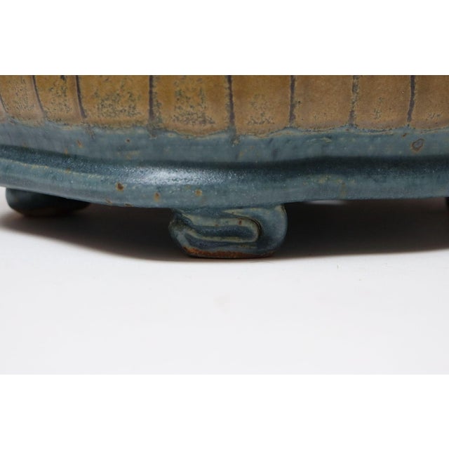 Oblong Vintage Blue and Ochre Studio Pottery Planter Vase by Deanna Nichols For Sale - Image 17 of 18