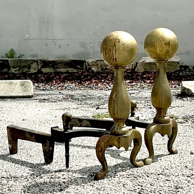 Mid-Century Modern Vintage 19th Century Brass Cannonball Andirons - Set of 2 For Sale - Image 3 of 5