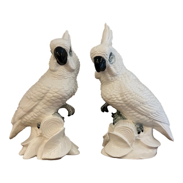 Vintage Mid Century Porcelain White Cockatiel Birds- A Pair For Sale