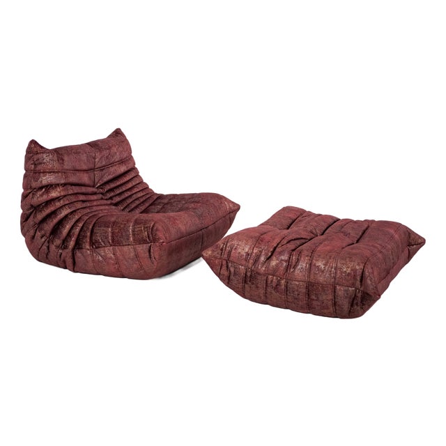 Set of Togo Lounge Chair and Ottoman in Rust Velvet by Michel Ducaroy for Ligne Roset, 1973 For Sale