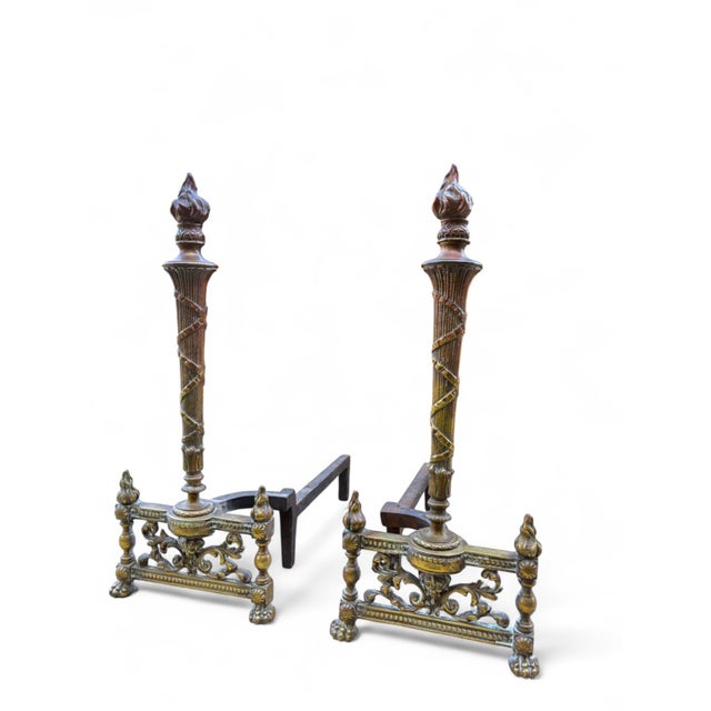 Andirons Louis XVI Style Flame Torch Antique Brass a Pair For Sale - Image 12 of 12