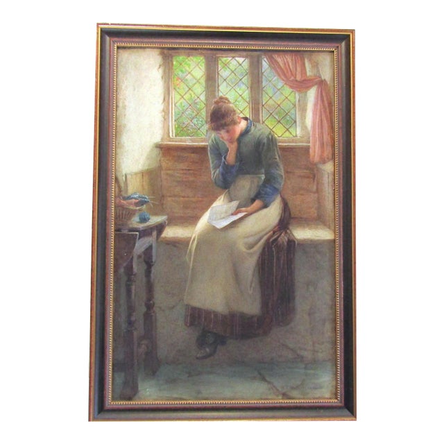 Antique Watercolor Painting of a Woman Reading a Letter in a Cottage by William Harris Weatherhead, Framed For Sale