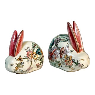 1950s Vintage Famille Rose Chinoiserie Hollywood Regency Boho Chic Bunnies - Set of 2 - Easter.. For Sale