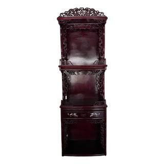 1990s Ornate Chinese Carved Burgundy Lacquer Display Cabinet For Sale