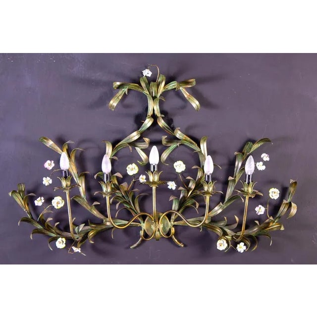 Large Italian Tole Leaves Wall Light with Colorful Porcelain Flowers, 1970 For Sale - Image 13 of 14