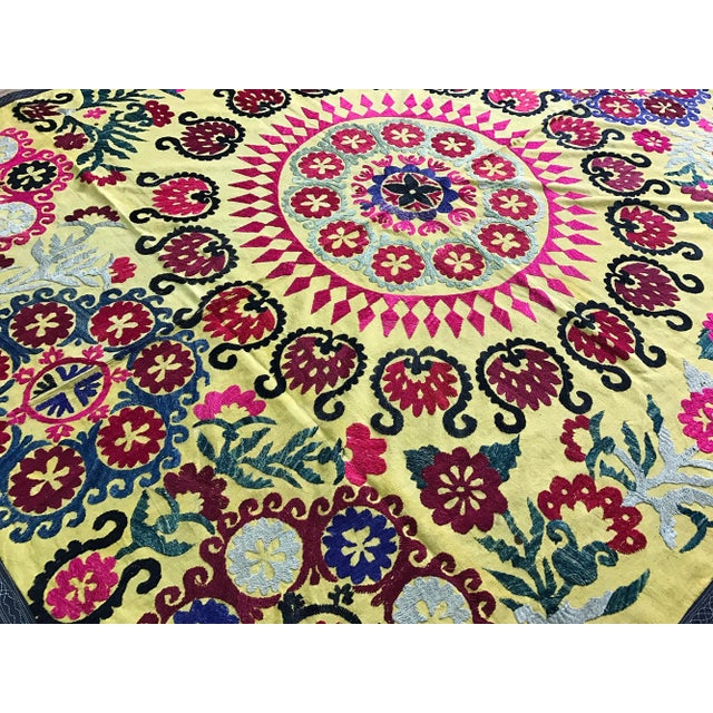 COLORFUL SUZANI FABRIC with BIRDs in YELLOW. Handmade Bedspread - Table Cover - Wall Hanging. * size is 6.1 FEET x 5.2...