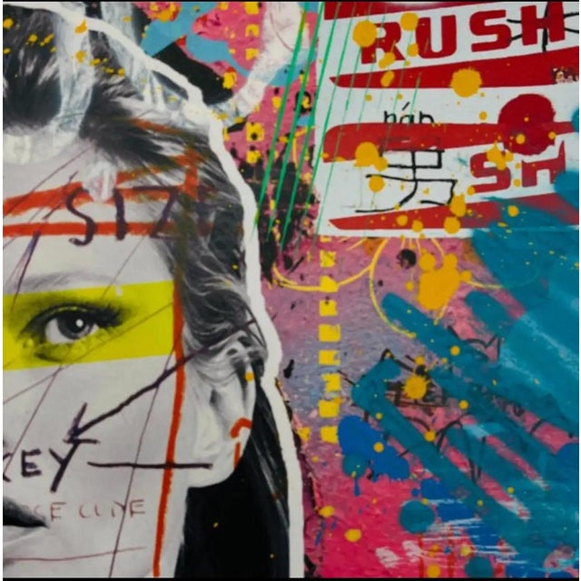 Mixed media on paper representing Kate Moss, embellished by hand by Airoh. It's an original Street Art opera wood framed....