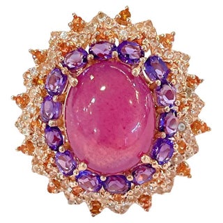 Bochic “Orient” Ruby, Amethyst & Multi Gem Cocktail Ring In 18K Gold & Silver, Size 9.5 For Sale