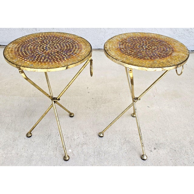 Italian Gold Gilt Folding Mosaic Side Drink Tables 1960s Pair For Sale - Image 12 of 16