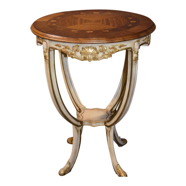 Antique Carved & Inlaid Round French Provincial Table W/Gold Highlights