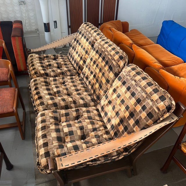 Vintage Italian Checkered Sofa With Leather Straps For Sale In Los Angeles - Image 6 of 7