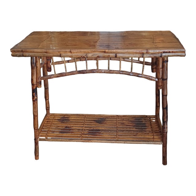 Late 20th Century Vintage Tortoise Bamboo Console Table With Shelf For Sale