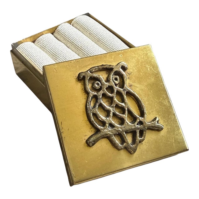 Vintage Brass Owl Matchbox Holder / Trinket Jewelry Box – Mid-Century Modern Desk Accessory For Sale