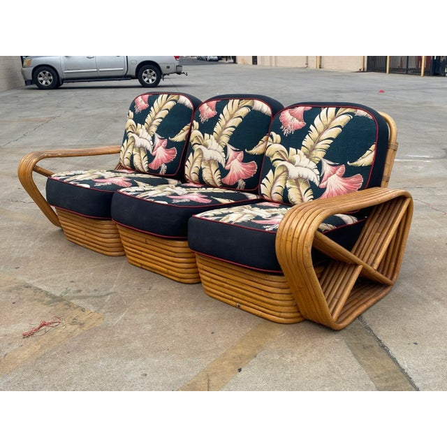 1950s Restored MCM Frankl Style Six-Strand Rattan Sofa, Table, Chair Livingroom Set For Sale - Image 5 of 14