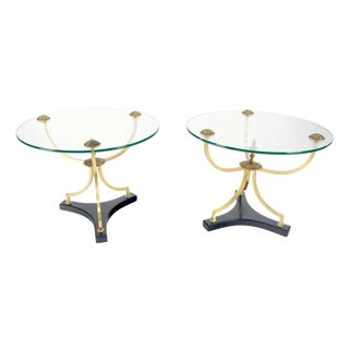 Pair of 22" Round Glass Top Brass Bases End Side Center Tables Stands For Sale