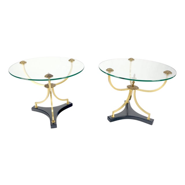 Pair of 22" Round Glass Top Brass Bases End Side Center Tables Stands For Sale